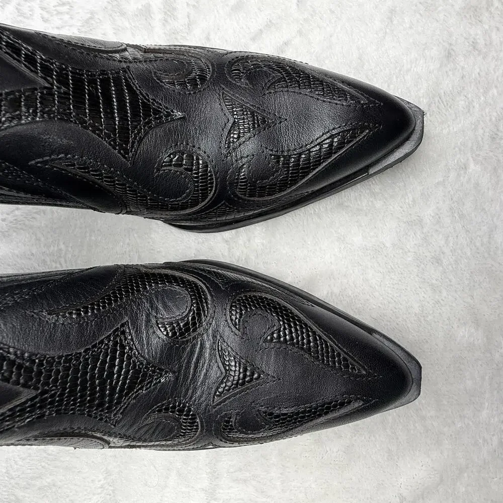 Marc Fisher‎ Leather Heeled Western Booties Black Detailed Pointed Toe  7 EUC